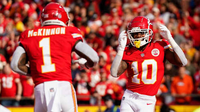 Jan 1, 2023; Kansas City, Missouri, USA; Kansas City Chiefs running back Isiah Pacheco (10) celebrates with running back Jerick McKinnon (1) after scoring a touchdown during the first half against the Denver Broncos at GEHA Field at Arrowhead Stadium. Mandatory Credit: Jay Biggerstaff-USA TODAY Sports  